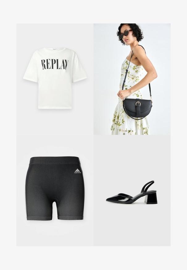 Balta īsām piedurknēm T-krekls ar melno "REPLAY" uzrakstu, kas izvietots centrā uz krūts, ar apaļu kakla izgriezumu un brīvu griezumu.; Melni sporta šorti ar teksturētu audumu, ar elastīgu jostu un mazu baltu Adidas logo kreisajā augšējā stūrī.; Melna lakota āda ar atvērto papēdi, ar smailu purngalu un ģeometrisku blokpapēdi. Iezīmējas elegants, minimāls dizains un gluda tekstūra.; Melnas ādas rokassoma ar izliekta formu, noņemamu siksnu un zelta aksesuāriem. Somai ir vāciņš ar sprādzes detaļu.
