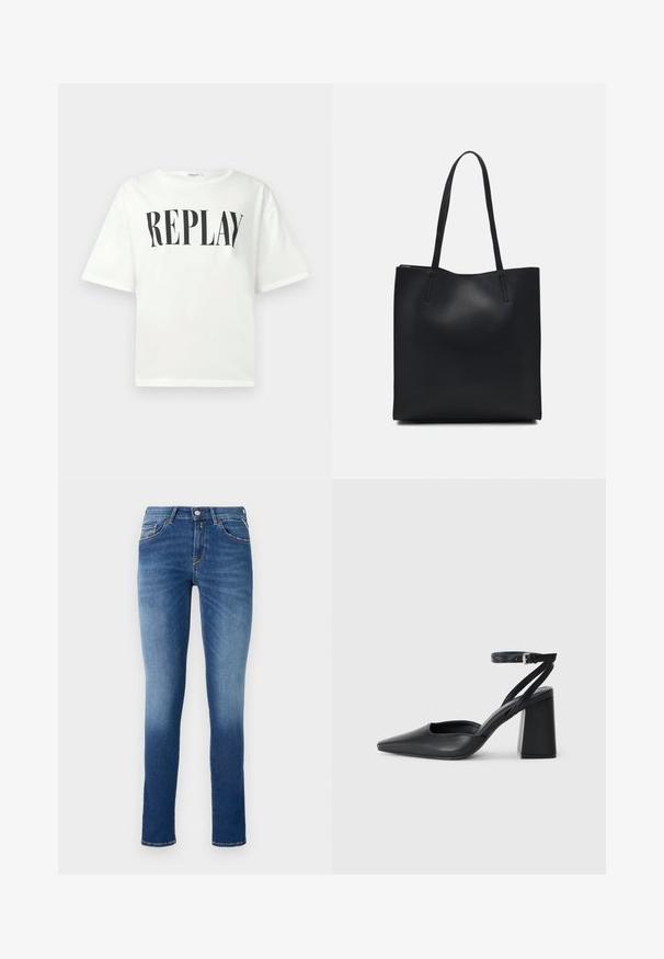 T-shirt branco de mangas curtas com impressão preta "REPLAY" centralizada no peito, apresentando um decote redondo e um corte descontraído.; Jeans de ganga azuis com corte slim, cintura média, cinco bolsos e efeito de desbotado leve do cos até a bainha.; Sandal com biqueira afilada em couro preto, com cinta no tornozelo e salto grosso. Textura lisa, design elegante e estética minimalista.; Bolsa tote preta em couro com textura lisa, forma retangular e duas alças longas. Sem hardware ou enfeites visíveis.