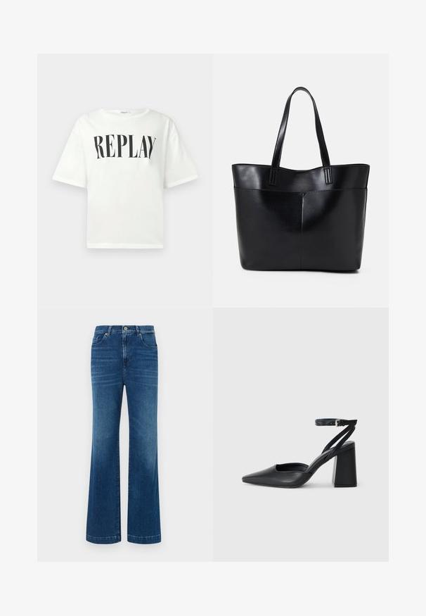 Λευκό κοντομάνικο μπλουζάκι με μαύρη εκτύπωση "REPLAY" κεντραρισμένη στο στήθος, διαθέτει στρογγυλή λαιμόκοψη και άνετη εφαρμογή.; Μπλε τζιν παντελόνι με φαρδιά πόδια που διαθέτει ψηλή μέση, πέντε τσέπες και κλασικό κουμπί. Το ύφασμα έχει απαλή, ελαφρώς θαμπή υφή.; Μαύρο δερμάτινο ψηλοτάκουνο παπούτσι με οξύ μυτερό τόξο, λουράκι στον αστράγαλο και χοντρό τακούνι. Λείος υφασματισμός, κομψός σχεδιασμός και μινιμαλιστική αισθητική.; Μαύρη δερμάτινη τσάντα tote με δύο μακριούς ιμάντες, λεία υφή και δομημένο σχήμα. Διαθέτει μπροστινή τσέπη για επιπλέον αποθήκευση.