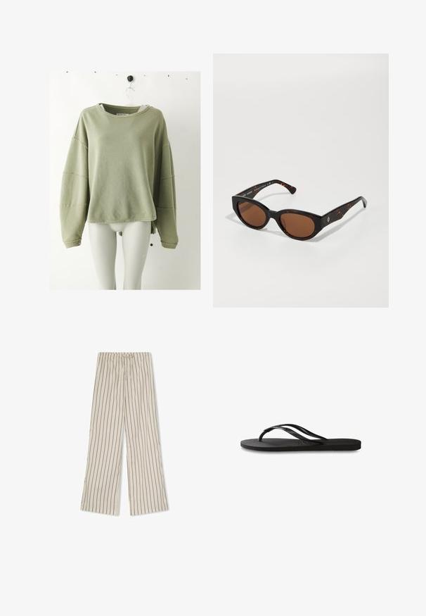 Světlezelený žebrovaný dlouhý rukáv tričko s kulatým výstřihem a spadlými rameny, umístěné na bílém manekýně proti jednoduchému pozadí.; Lehké, krémové látkové kalhoty s vertikálními hnědými pruhy, vybavené elastickým pasem se stahovací šňůrkou a širokými nohavicemi.; Černé žabky s texturovanou gumovou podrážkou, dvěma štíhlými popruhy a jemným, embosovaným logem na popruhu.; Černé želvovinové sluneční brýle s hnědými skly, ostrý design a široké strany s decentním logem. Hladký plastový povrch.