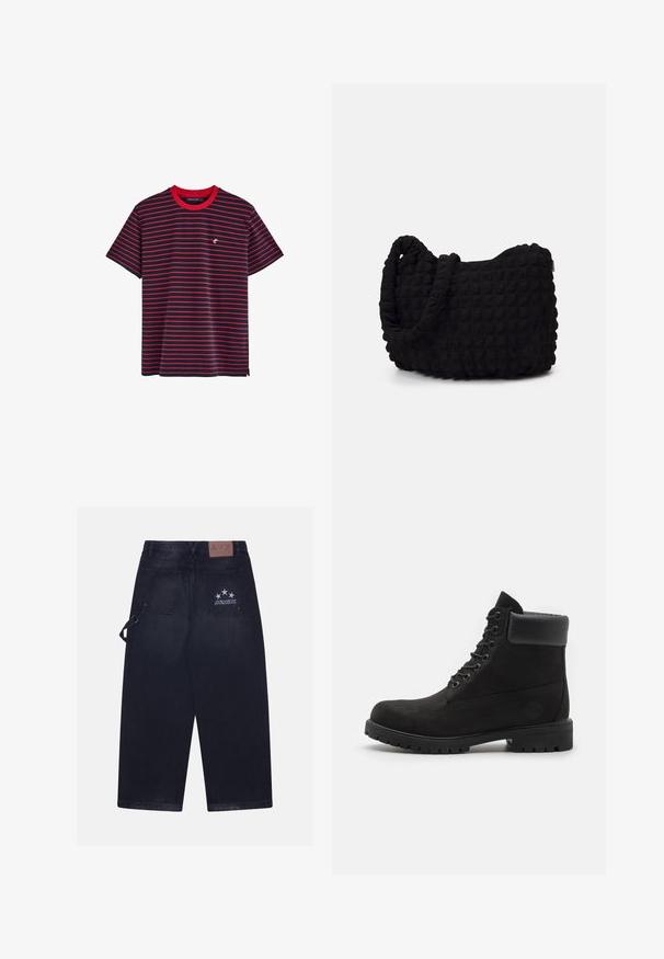 Camiseta de manga corta de color azul marino con rayas horizontales rojas, cuello redondo rojo y un pequeño logo en el pecho. Tejido de mezcla de algodón.; Pantalones de mezclilla oscura con un ajuste holgado. Presenta dos bolsillos traseros, un parche de cuero con el logo y un diseño de cinco estrellas en uno de los bolsillos.; Botín negro con cordones hasta el tobillo, con cuello acolchado y suela resistente, mostrado de perfil sobre un fondo blanco.; Bolsa de tela negra con un patrón texturizado y acolchado. Forma redondeada, asas cortas y gruesas, y una estructura blanda y flexible.