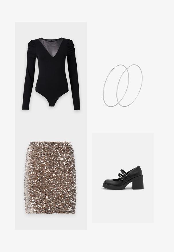 Zwarte bodysuit met lange mouwen, voorzien van een mesh V-halslijn en geplooide schouderdetails. Glad fabric met een aansluitende pasvorm.; Bruine minirok met pailletten in een aansluitend ontwerp, bedekt met reflecterende zilveren pailletten die een gestructureerd, glinsterend effect creëren.; Call it Spring MONROE - Plateaupumps - black smooth; Zilveren hoepel oorbellen met een minimalistisch ontwerp. Cirkelvormig, gladde textuur en dun profiel. Lichtgewicht met een gepolijste afwerking.