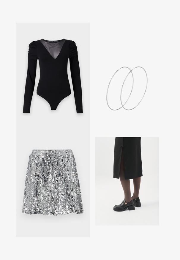 Zwarte bodysuit met lange mouwen, voorzien van een mesh V-halslijn en geplooide schouderdetails. Glad fabric met een aansluitende pasvorm.; JJXX JXTARA SEQUIN - Minirok - silver; Zwarte leren schoenen met een ronde neus, dikke blokhak en elastische zijkanten, gecombineerd met donkere panty's en een zwarte rok met een split.; Zilveren hoepel oorbellen met een minimalistisch ontwerp. Cirkelvormig, gladde textuur en dun profiel. Lichtgewicht met een gepolijste afwerking.
