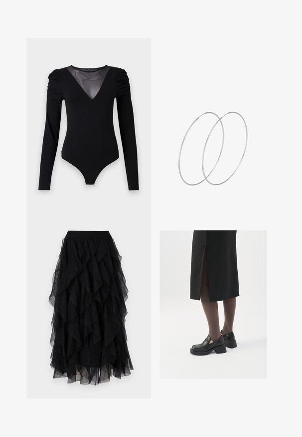 Black bodysuit with long sleeves, featuring a mesh V-neckline and gathered shoulder detail. Smooth fabric with a fitted shape.; Black tulle skirt featuring layered ruffles, soft texture, and subtle glitter accents. Elastic waistband for a comfortable fit.; Black leather shoes with a rounded toe, thick block heel, and elastic side accents, paired with dark tights and a black skirt with a slit.; Silver hoop earrings with a minimalist design. Circular shape, smooth texture, and thin profile. Lightweight with a polished finish.