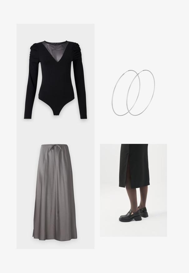 Črno bodi s dolgimi rokavi, z mrežastim V-izrezom in nabranimi rameni. Gladek material z oblikovanim krojem.; Siva maksi krila iz gladke, lahke tkanine. Ima elastični pas z vrvico in stranske odprtine za lažje gibanje.; Črne usnjene čevlje s zaobljenim prstom, debelim blokastim petama in elastičnimi stranskimi detajli, v kombinaciji s temno nogavicami in črno krilo z razporkom.; Srebrne uhane v obliki obroča z minimalističnim dizajnom. Krožna oblika, gladka tekstura in tanek profil. Lahki s poliranim zaključkom.