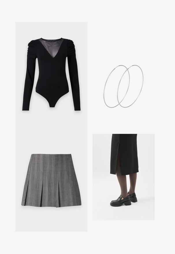 Čierny body s dlhými rukávmi, s rezom do V z priesvitnej látky a zhromaždením na pleciach. Hladká tkanina s priliehavým strihom.; Sivá plisovaná sukňa z textúrneho materiálu s vertikálnymi prúžkami, s priliehavým pásom a strihom do A.; Čierne kožené topánky s okrúhlou špičkou, silným blokovým opätkom a elastickými bočnými akcentmi, skombinované s tmavými pančuchami a čiernou sukňou so štiepením.; Strieborné kruhové náušnice s minimalistickým dizajnom. Cirkulárny tvar, hladký povrch a tenký profil. Ľahké s lesklým povrchom.