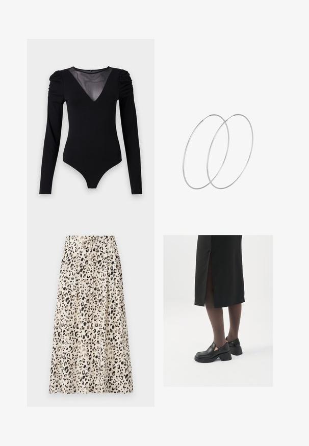 Bodysuit negro de manga larga, con un escote en V de malla y detalle fruncido en los hombros. Tejido suave con una forma ajustada.; Falda midi con plisados en una tela ligera que presenta una base beige con estampado de leopardo negro y cintura con cordón ajustable.; Zapatos de piel negra con punta redondeada, tacón grueso y bloque, y acentos elásticos en los laterales, combinados con unos pantys oscuros y una falda negra con una abertura.; Pendientes de aro plateados con un diseño minimalista. Forma circular, textura suave y perfil delgado. Livianos con un acabado pulido.