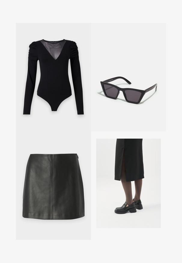 Melnā bodija ar garām piedurknēm, piedāvā ar caurspīdīgu V-veida kakla izgriezumu un savāktu plecu detaļu. Gluda auduma, ar pieguļošu formu.; Abercrombie & Fitch SCARLETT MINI SKORT - Minisvārki - black beauty; Melni ādas apavi ar noapaļotu purngalu, biezām bloku papēžiem un elastīgiem sānu akcentiem, apvienoti ar tumšām zeķubiksēm un melnu svārku ar šķirbu.; Melni, stūrveida saulesbrilles ar pelēkiem objektīviem; izgatavotas no plastmasas, ar biezām kājām, kam ir gluda virsma un nav redzamu stiprinājumu.