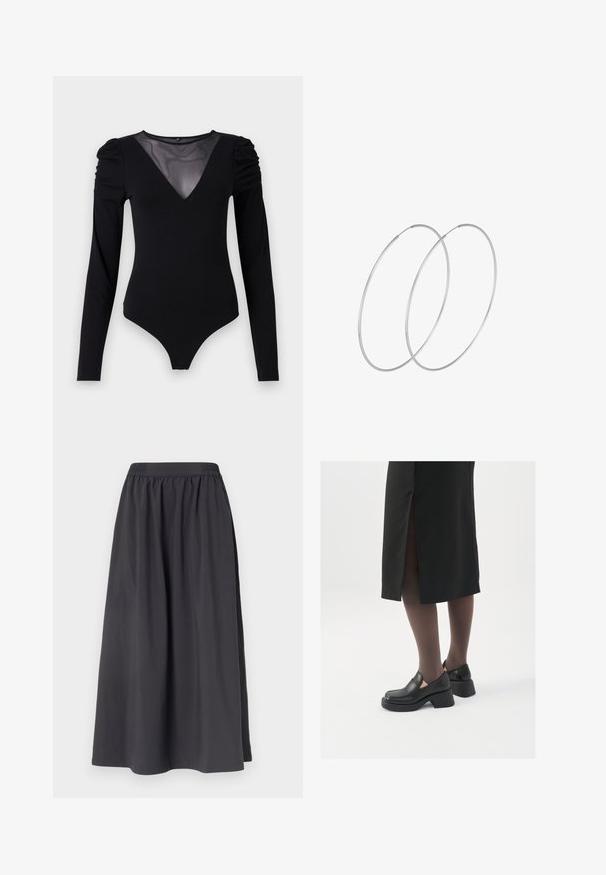 Musta body, jossa on pitkät hihat, verkko V-aukko ja rypytetty olkapäädetalji. Silkkinen kangas, joka muotoilee vartalon.; Mustat puuvillahameet, joissa on joustava vyötärö, A-linjainen muoto ja sileä pinta, ulottuu polven puoliväliin ilman näkyviä kuvioita tai metalliosia.; Mustat nahkakengät pyöreällä kärjellä, paksulla lohkopohjalla ja joustavilla sivuakkesseilla, yhdistettynä tummiin sukkahousuihin ja mustaan hameeseen, jossa on halkio.; Hopehope hopeilla, joissa on minimalistinen muotoilu. Pyöreä muoto, sileä pinta ja ohut profiili. Kevyet ja kiillotetut.