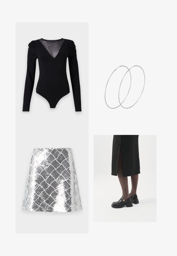 Musta body, jossa on pitkät hihat, verkko V-aukko ja rypytetty olkapäädetalji. Silkkinen kangas, joka muotoilee vartalon.; Hopeapintainen ja musta kuvioitu hame, jossa on teksturoitu metallinen pinta. Muotoilu sisältää ruudukkomaisen, käärmeennahkavaikutelman kauttaaltaan.; Mustat nahkakengät pyöreällä kärjellä, paksulla lohkopohjalla ja joustavilla sivuakkesseilla, yhdistettynä tummiin sukkahousuihin ja mustaan hameeseen, jossa on halkio.; Hopehope hopeilla, joissa on minimalistinen muotoilu. Pyöreä muoto, sileä pinta ja ohut profiili. Kevyet ja kiillotetut.