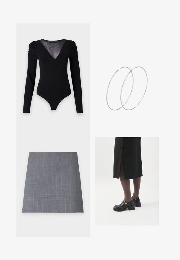 Czarny body z długimi rękawami, z siateczkowym dekoltem w kształcie litery V oraz marszczonym detalem na ramionach. Gładki materiał o dopasowanym kroju.; Szara spódnica w kratę o wyrafinowanym kształcie, z delikatnymi czarnymi i niebieskimi liniami w wzór siatki, wykonana z gładkiego materiału.; Czarne skórzane buty z okrągłym noskiem, grubym blokowym obcasem i elastycznymi akcentami po bokach, zestawione z ciemnymi rajstopami i czarną spódnicą z rozcięciem.; Srebrne kolczyki w formie obręczy o minimalistycznym designie. Okrągły kształt, gładka faktura i cienki profil. Lekkie, z polerowanym wykończeniem.