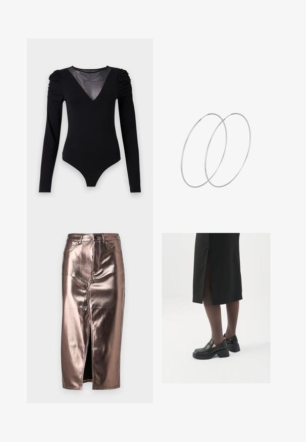 Melnā bodija ar garām piedurknēm, piedāvā ar caurspīdīgu V-veida kakla izgriezumu un savāktu plecu detaļu. Gluda auduma, ar pieguļošu formu.; Metāliski bronzas midi svārki ar priekšējo šķēlumu, klasiskā džinsu griezumā, pieci kabatas un pogu aizdare jostas daļā.; Melni ādas apavi ar noapaļotu purngalu, biezām bloku papēžiem un elastīgiem sānu akcentiem, apvienoti ar tumšām zeķubiksēm un melnu svārku ar šķirbu.; Sudraba gredzenveida auskari ar minimālistisku dizainu. Cirkulāra forma, gluda tekstūra un plāns profils. Vieglu svaru ar spīdīgu apdari.