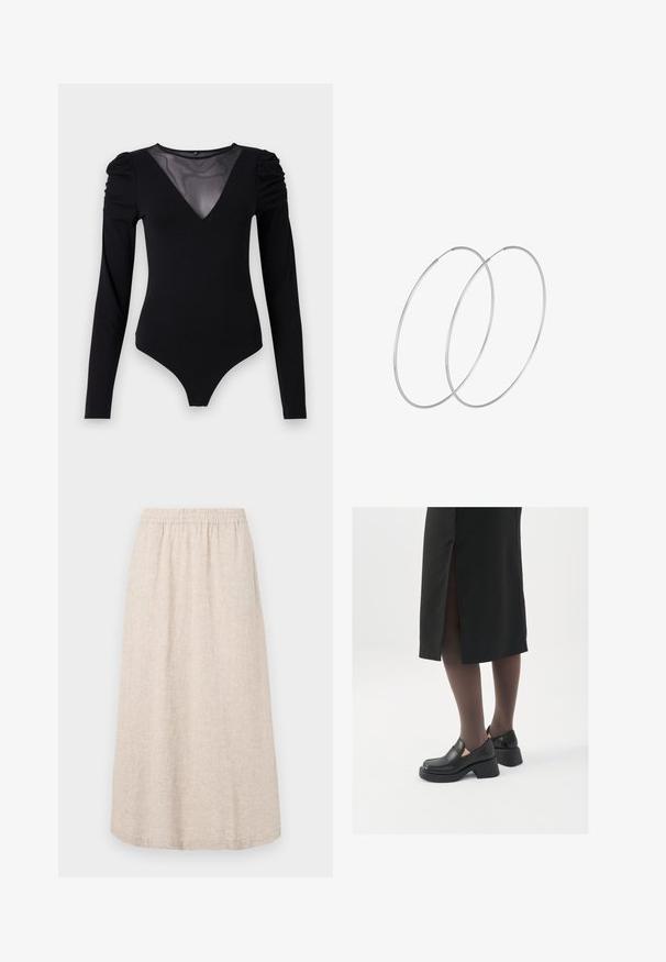 Schwarzer Body mit langen Ärmeln, ausgestattet mit einem Mesh-V-Ausschnitt und gerafften Schultern. Glattes Material mit taillierter Passform.; Beiger Leinenrock mit elastischem Bund, Midi-Länge und subtiler Textur. Keine Taschen oder zusätzlichen Akzente sichtbar.; Schwarze Lederschuhe mit abgerundetem Zeh, dicker Blockabsatz und elastischen seitlichen Akzenten, kombiniert mit dunklen Strumpfhosen und einem schwarzen Rock mit Schlitz.; Silberne Creolen mit minimalistischem Design. Rundform, glatte Oberfläche und dünnes Profil. Leichtgewichtig mit hochglänzender Oberfläche.