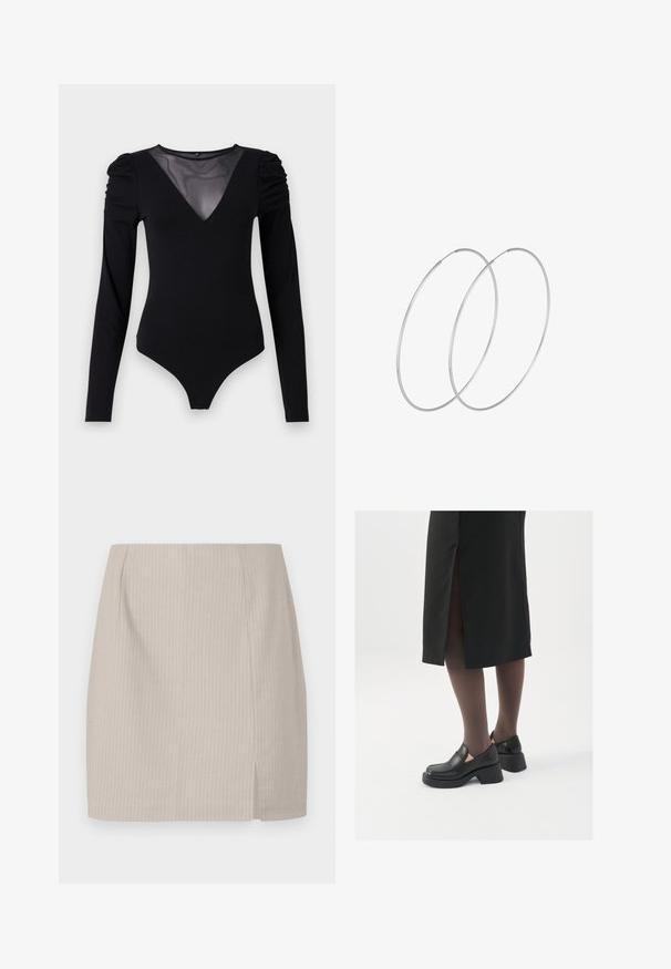 Melnā bodija ar garām piedurknēm, piedāvā ar caurspīdīgu V-veida kakla izgriezumu un savāktu plecu detaļu. Gluda auduma, ar pieguļošu formu.; Bežs zīmuļu svārki ar svītrotu tekstūru, taisnu griezumu un sānu šķēlumu, kas nodrošina papildu kustību. Izgatavoti no viegla auduma.; Melni ādas apavi ar noapaļotu purngalu, biezām bloku papēžiem un elastīgiem sānu akcentiem, apvienoti ar tumšām zeķubiksēm un melnu svārku ar šķirbu.; Sudraba gredzenveida auskari ar minimālistisku dizainu. Cirkulāra forma, gluda tekstūra un plāns profils. Vieglu svaru ar spīdīgu apdari.