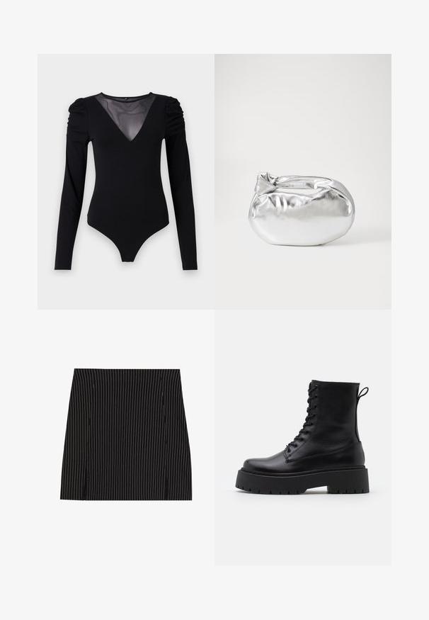 Schwarzer Body mit langen Ärmeln, ausgestattet mit einem Mesh-V-Ausschnitt und gerafften Schultern. Glattes Material mit taillierter Passform.; Schwarzer Rock mit vertikalen weißen Streifen, gerades Design und kleinen seitlichen Schlitzen am Saum. Glatte Textur, taillierte Passform.; Schwarze Lederstiefeletten mit runder Zehenpartie, Schnürung vorne und einer dicken Gummisohle mit strukturiertem Profil. Mit Zugschlaufe an der Rückseite.; Silberne metallic Pouch-Tasche mit einer sanften, abgerundeten Form und einem geknoteten Verschluss oben. Hergestellt aus glattem Kunstleder.; Silberne Creolen mit gedrehter Gestaltung, ausgestattet mit einer polierten Oberfläche und einer Steckverschluss. Sie haben einen Durchmesser von ca. 3 cm.