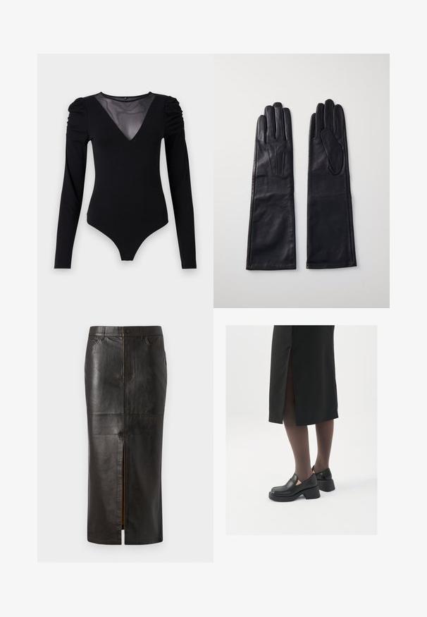 Černý body s dlouhými rukávy, vyznačující se síťovým výstřihem do V a nařasenými detaily na ramenech. Hladký materiál s přiléhavým střihem.; Černá kožená midi sukně s elegantním designem, která má přední zip, dvě boční kapsy a hladký, texturovaný povrch.; Černé kožené boty s kulatou špičkou, silným blokovým podpatkem a elastickými bočními akcenty, spárované s tmavými punčochami a černou sukní se rozparkem.; Anna Field LEATHER - Rukavice - black