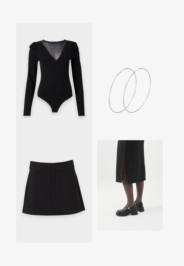 Juodas bodis su ilgomis rankovėmis, turintis tinklinį V formos iškirpimą ir sutrauktą peties detalę. Lygus audinys su prigludusia forma.; Juoda sijonas su priglundančiu liemeniu, plisėta struktūra ir paslėptomis šoninėmis kišenėmis. Pagaminta iš lengvos medžiagos su lygiu paviršiumi.; Juodos odinės bateliai su apvaliu nosiu, stora blokine pakulne ir elastingais šonais, derinami su tamsiomis pėdkelnėmis ir juoda sijonu su plyšiu.; Sidabrinės pusmėnulio auskarai minimalistiniu dizainu. Apskritimo forma, lygus paviršius ir plonas profilis. Lengvi su poliruotu apdailu.