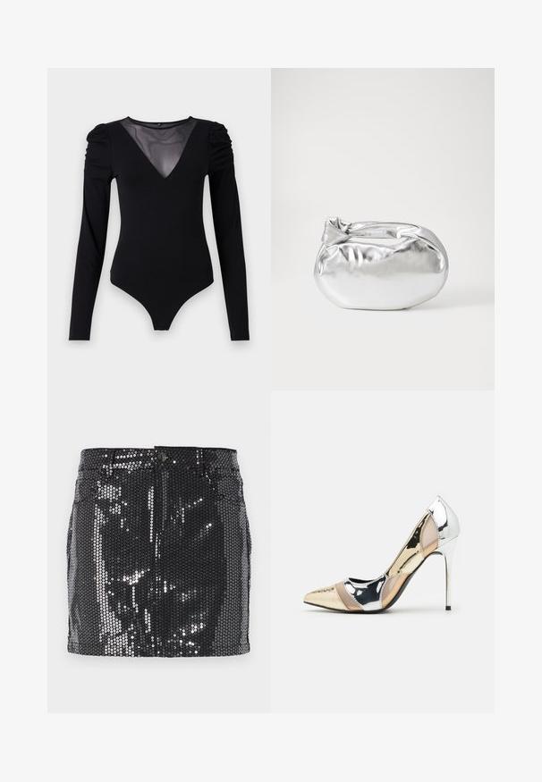 Melnā bodija ar garām piedurknēm, piedāvā ar caurspīdīgu V-veida kakla izgriezumu un savāktu plecu detaļu. Gluda auduma, ar pieguļošu formu.; Melnā spīguļotā mini svārku ar pieguļošu dizainu, pogu aizdari un visapkārt spīdīgu tekstūru, kas atstaro gaismu. Taisna maliņa un funkcionālas kabatas.; Apspīlēta augstpapēžu kurpe ar zeltītu, sudrabi un neitrālu krāsu kombināciju. Spīguļojoša virsma ar izgriezuma dizainu, aprīkota ar stiletto papēdi.; Sudraba metāliska poga somiņa ar mīkstu, noapaļotu formu un mezgla augšējo aizdari. Izgatavota no gludas mākslīgās ādas materiāla.; Sudraba gredzenveida auskari ar minimālistisku dizainu. Cirkulāra forma, gluda tekstūra un plāns profils. Vieglu svaru ar spīdīgu apdari.