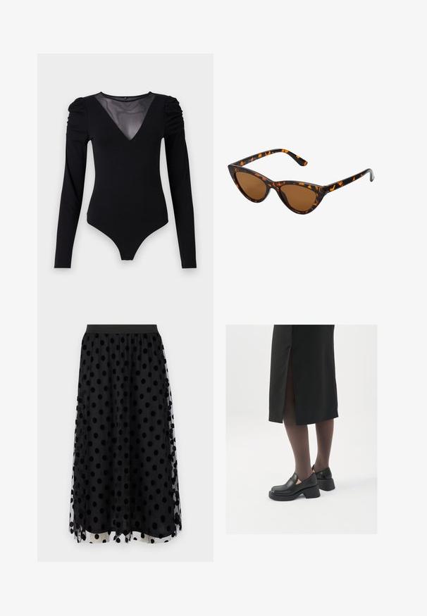 Μαύρο bodysuit με μακριά μανίκια, που διαθέτει mesh V-λαιμόκοψη και συγκεντρωμένη λεπτομέρεια στον ώμο. Λείο ύφασμα με εφαρμοστή γραμμή.; Μαύρη φούστα από τούλη με μεγάλες μαύρες πουά, ελαστική μέση, πολυεπίπεδο σχέδιο και διαφανή υφή με σταθερό περιθώριο.; Μαύρα δερμάτινα παπούτσια με στρογγυλή μύτη, χοντρό τετράγωνο τακούνι και ελαστικές πλάγιες λεπτομέρειες, συνδυασμένα με σκούρες καλσόν και μια μαύρη φούστα με σχίσιμο.; Γυαλιά ηλίου τύπου cat-eye με μαύρο και πορτοκαλί καβούκι, καφέ φακούς και κομψές, μυτερές άκρες. Φέρουν ένα μίνιμο λογότυπο στο βραχίονα.