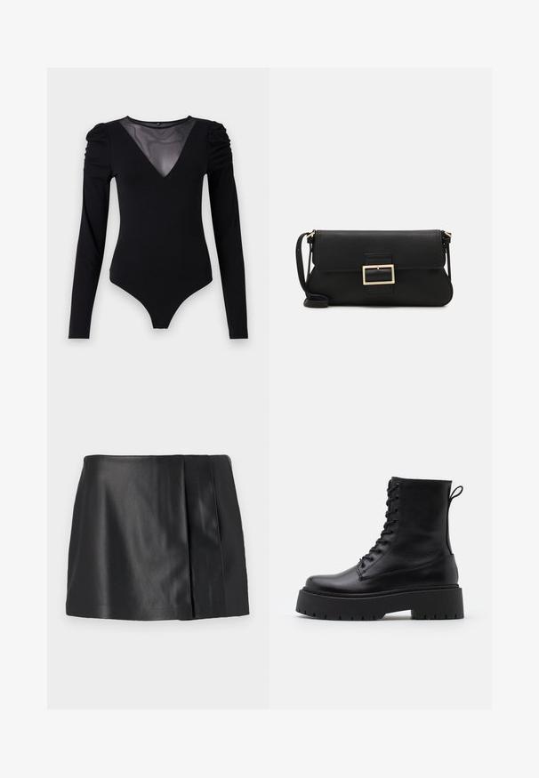 Melnā bodija ar garām piedurknēm, piedāvā ar caurspīdīgu V-veida kakla izgriezumu un savāktu plecu detaļu. Gluda auduma, ar pieguļošu formu.; Melnā ādas mini svārki ar gludu tekstūru, vienkāršu dizainu un slēptu sānu rāvējslēdzēju; ietver smalku krokas detaļu.; Melni ādas potītēm zābaki ar apļveida purngalu, auklām priekšpusē un biezu gumijas zoli ar teksturētu protektoru. Velkšanas cilpa aizmugurē.; Melnas ādas saķeres soma ar atloku un zelta metāla sprādzi. Ietver melnu siksnu un elegantu, minimālistisku dizainu.; Sudraba gredzenveida auskari ar minimālistisku dizainu. Cirkulāra forma, gluda tekstūra un plāns profils. Vieglu svaru ar spīdīgu apdari.