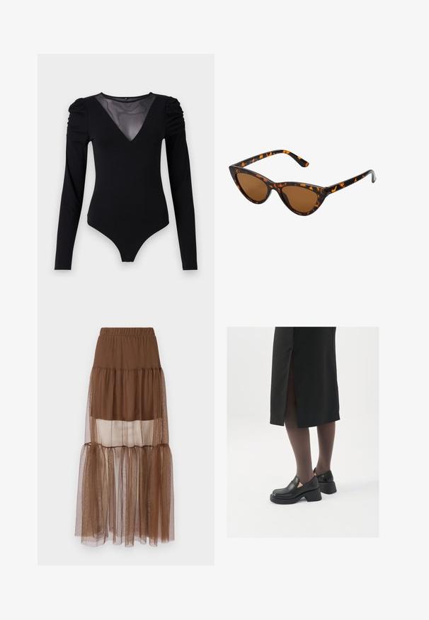 Black bodysuit with long sleeves, featuring a mesh V-neckline and gathered shoulder detail. Smooth fabric with a fitted shape.; Brown tiered skirt with an elastic waistband, featuring a mix of opaque and sheer fabric layers, creating a soft, textured appearance.; Black leather shoes with a rounded toe, thick block heel, and elastic side accents, paired with dark tights and a black skirt with a slit.; Cat-eye sunglasses with a black and orange tortoiseshell frame, brown lenses, and sleek, pointed tips. Features a minimal logo on the temple.