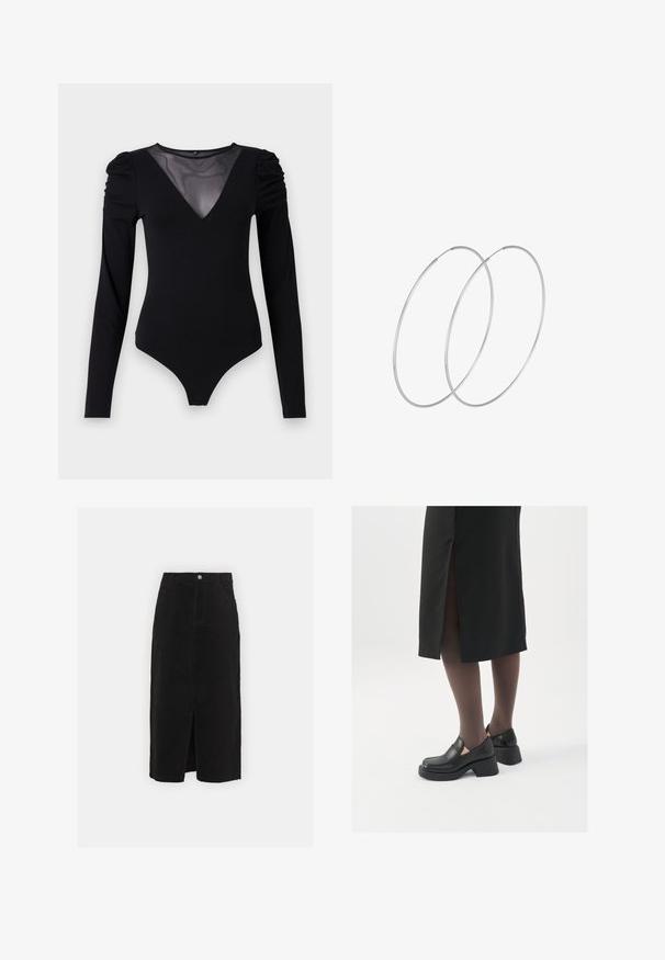 Body nero con maniche lunghe, caratterizzato da un scollo a V in rete e dettagli arricciati sulle spalle. Tessuto morbido con una forma aderente.; Gonna midi in denim nero, con uno spacco frontale, classico design a cinque tasche e chiusura con bottone argentato in vita.; Scarpe in pelle nera con punta arrotondata, tacco spesso a blocco e accenti laterali in elastico, abbinate a collant scuri e una gonna nera con uno spacco.; Orecchini a cerchio in argento con un design minimalista. Forma circolare, superficie liscia e profilo sottile. Leggeri con una finitura lucida.