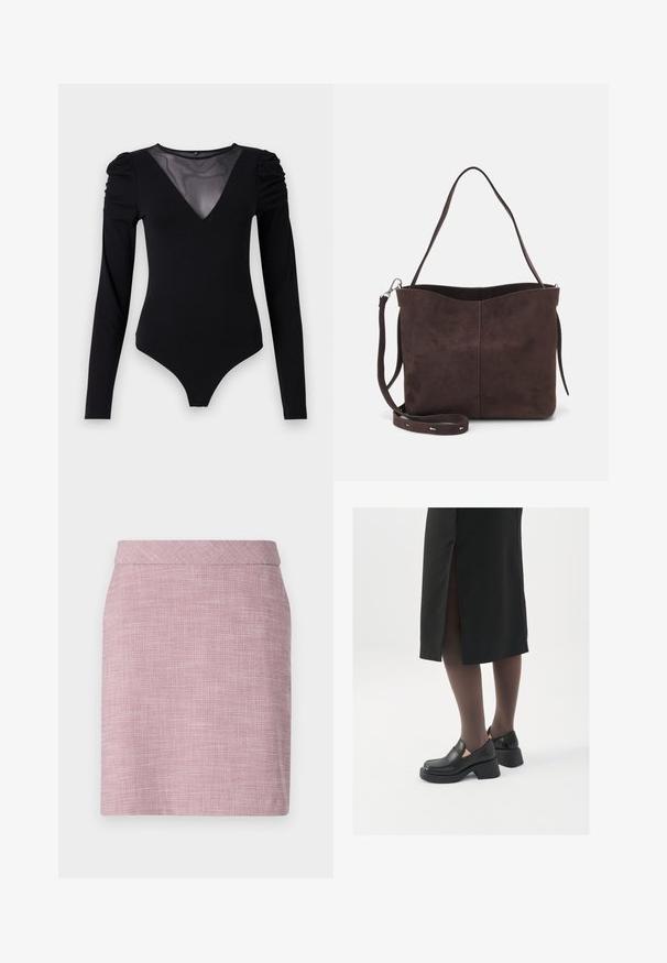 Sort bodysuit med lange ærmer, der har en mesh V-halsudskæring og samlet skulderdetalje. Glat stof med en tætsiddende form.; Rosa vævet blyantskirt med en glat tekstur, høj talje og en lige silhuet. Minimalistisk design uden synlige dekorationer.; Sorte lædersko med rund tå, kraftig blokhæl og elastiske sideaccentuer, parret med mørke strømpebukser og en sort nederdel med slids.; Brun ruskinds tote bag med en blød tekstur, der har en enkelt skulderrem og en diskret buet topåbning. Ingen synlige hårde detaljer.; Sølvøreringe med et minimalistisk design. Cirkulær form, glat tekstur og tynd profil. Letvægtige med en poleret overflade.