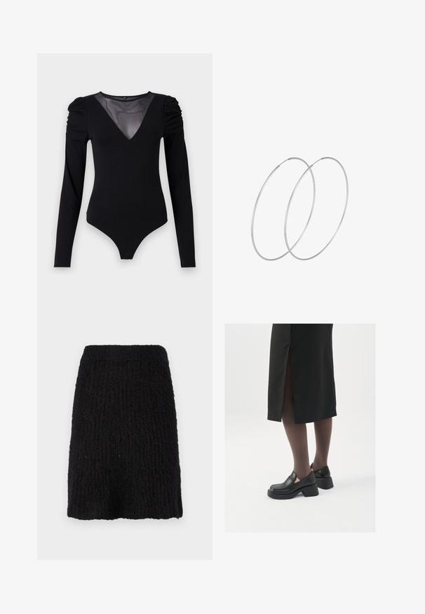 Musta body, jossa on pitkät hihat, verkko V-aukko ja rypytetty olkapäädetalji. Silkkinen kangas, joka muotoilee vartalon.; Mustaa neulottua hametta, jossa on teksturoitu kuvio, puolipitkä ja leveä vyötärönauha. Materiaali näyttää pehmeältä ja siinä on hieman karhea pinta.; Mustat nahkakengät pyöreällä kärjellä, paksulla lohkopohjalla ja joustavilla sivuakkesseilla, yhdistettynä tummiin sukkahousuihin ja mustaan hameeseen, jossa on halkio.; Hopehope hopeilla, joissa on minimalistinen muotoilu. Pyöreä muoto, sileä pinta ja ohut profiili. Kevyet ja kiillotetut.