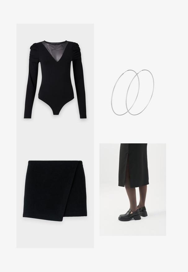 Melnā bodija ar garām piedurknēm, piedāvā ar caurspīdīgu V-veida kakla izgriezumu un savāktu plecu detaļu. Gluda auduma, ar pieguļošu formu.; Melnas vilnas šalle, taisnstūra forma, mīksta tekstūra, salocīta ar tīrām malām, minimālistiska dizaina, piemērota siltumam un slāņošanai.; Melni ādas apavi ar noapaļotu purngalu, biezām bloku papēžiem un elastīgiem sānu akcentiem, apvienoti ar tumšām zeķubiksēm un melnu svārku ar šķirbu.; Sudraba gredzenveida auskari ar minimālistisku dizainu. Cirkulāra forma, gluda tekstūra un plāns profils. Vieglu svaru ar spīdīgu apdari.