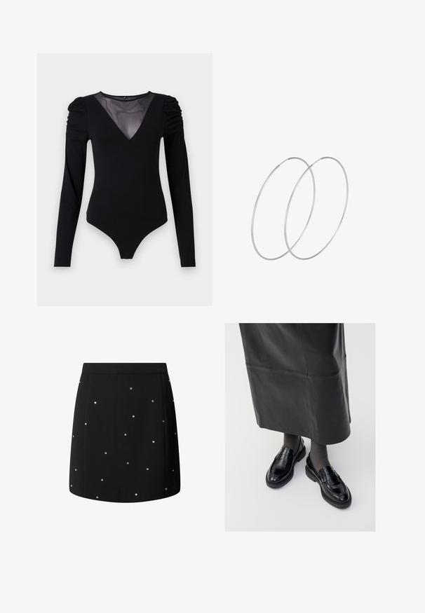 Juodas bodis su ilgomis rankovėmis, turintis tinklinį V formos iškirpimą ir sutrauktą peties detalę. Lygus audinys su prigludusia forma.; Juoda sijonas, pagamintas iš lygaus audinio, su išbarstytais sidabro spalvos detalėmis. Tiesus kirpimas su tvarkingais kraštais.; Juodos odinės loafer bateliai su glotniu paviršiumi, dekoratyvine juostele, apvalia nosimi ir tekstūruotu padu. Dėvimi su ilga juoda odine sijonu.; Sidabrinės pusmėnulio auskarai minimalistiniu dizainu. Apskritimo forma, lygus paviršius ir plonas profilis. Lengvi su poliruotu apdailu.