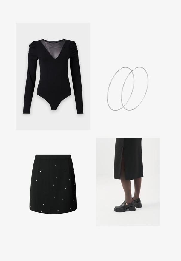 Musternahkade pikkade varrukatega must bodi, millel on läbipaistev V-kujuline kaelus ja korraldatud õlavarre detail. Sile kangas, millel on vormiv kujundus.; Must must, mis siled tekstuuriga, millel on laiali asetatud hõbedased nurgad. Sirge lõige ja puhas äär.; Mustad mustad jalatsid ümmarguse varbaga, paksu plokkniidi ja elastsete külgdetailidega, kombineeritud tumedate sukkade ja musta lõhikuga seelikuga.; Hõbedased rõngastikkaehingad minimalistlikus disainis. Ümar kuju, sile tekstuur ja õhuke profiil. Kerged ning poleeritud viimistlusega.