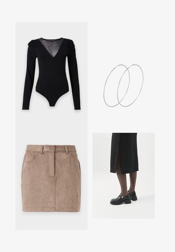 Musternahkade pikkade varrukatega must bodi, millel on läbipaistev V-kujuline kaelus ja korraldatud õlavarre detail. Sile kangas, millel on vormiv kujundus.; Kohvatooniline, nahkse välimusega mini seelik otse lõikega, ees nööpide sulgemisega, viie taskuga ja vöödega; pehme tekstuur ja sile pind.; Mustad mustad jalatsid ümmarguse varbaga, paksu plokkniidi ja elastsete külgdetailidega, kombineeritud tumedate sukkade ja musta lõhikuga seelikuga.; Hõbedased rõngastikkaehingad minimalistlikus disainis. Ümar kuju, sile tekstuur ja õhuke profiil. Kerged ning poleeritud viimistlusega.