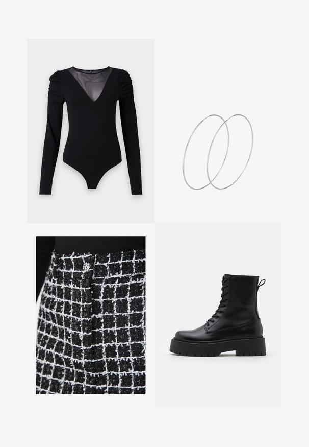 Črno bodi s dolgimi rokavi, z mrežastim V-izrezom in nabranimi rameni. Gladek material z oblikovanim krojem.; Črno-bela tkanina s teksturirano površino, ki prikazuje mrežasto zasnovo in sijočo srebrno okrasitev na pasu.; Črne usnjene gležnjarje z okroglo konico, vezalnim sprednjim delom in debelim gumijastim podplatom z teksturiranim profilom. Zanka na hrbtni strani.; Srebrne uhane v obliki obroča z minimalističnim dizajnom. Krožna oblika, gladka tekstura in tanek profil. Lahki s poliranim zaključkom.