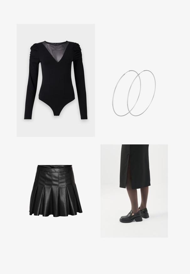 Musta body, jossa on pitkät hihat, verkko V-aukko ja rypytetty olkapäädetalji. Silkkinen kangas, joka muotoilee vartalon.; Musta tekonahkainen pliseerattu hame, jonka vyötärö on istuva ja helma levenee. Sileä pinta, jossa on kiiltävä, kiiltävä viimeistely.; Mustat nahkakengät pyöreällä kärjellä, paksulla lohkopohjalla ja joustavilla sivuakkesseilla, yhdistettynä tummiin sukkahousuihin ja mustaan hameeseen, jossa on halkio.; Hopehope hopeilla, joissa on minimalistinen muotoilu. Pyöreä muoto, sileä pinta ja ohut profiili. Kevyet ja kiillotetut.