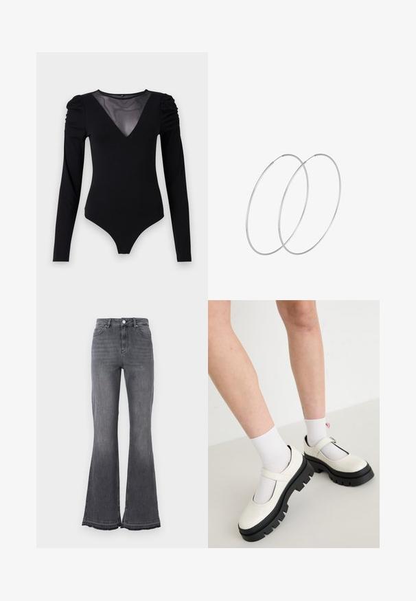 Melnā bodija ar garām piedurknēm, piedāvā ar caurspīdīgu V-veida kakla izgriezumu un savāktu plecu detaļu. Gluda auduma, ar pieguļošu formu.; Augstas vidukļa flared džinsi izbalinātā melnā denimā. Funkcijas: pogu aizdare, piecu kabatu dizains un saplēstas malās detaļas.; Baltās lakotās Mary Jane kurpes ar masīvu melnu zoli, ar siksniņu pāri pēdai un valkātas ar baltām zeķēm.; Sudraba gredzenveida auskari ar minimālistisku dizainu. Cirkulāra forma, gluda tekstūra un plāns profils. Vieglu svaru ar spīdīgu apdari.