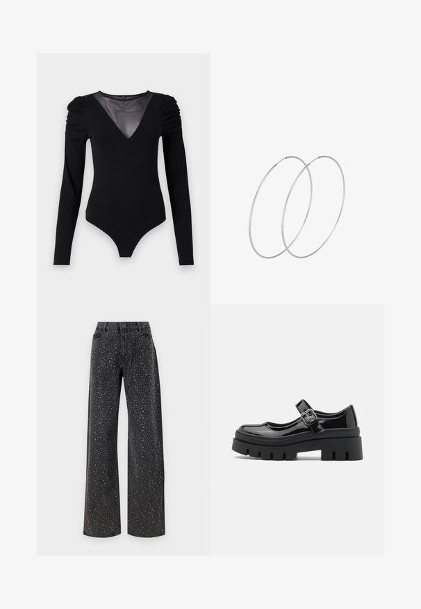 Melnā bodija ar garām piedurknēm, piedāvā ar caurspīdīgu V-veida kakla izgriezumu un savāktu plecu detaļu. Gluda auduma, ar pieguļošu formu.; Noisy May NMJANNEL LOOSE - Brīva piegriezuma džinsi - black denim; Even&Odd Apavi ar platformu un papēžiem - black; Sudraba gredzenveida auskari ar minimālistisku dizainu. Cirkulāra forma, gluda tekstūra un plāns profils. Vieglu svaru ar spīdīgu apdari.