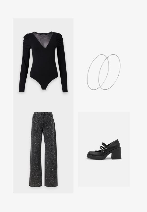 Črno bodi s dolgimi rokavi, z mrežastim V-izrezom in nabranimi rameni. Gladek material z oblikovanim krojem.; Noisy May NMJANNEL LOOSE - Široke kavbojke - black denim; Call it Spring MONROE - Čevlji s platformo in peto - black smooth; Srebrne uhane v obliki obroča z minimalističnim dizajnom. Krožna oblika, gladka tekstura in tanek profil. Lahki s poliranim zaključkom.