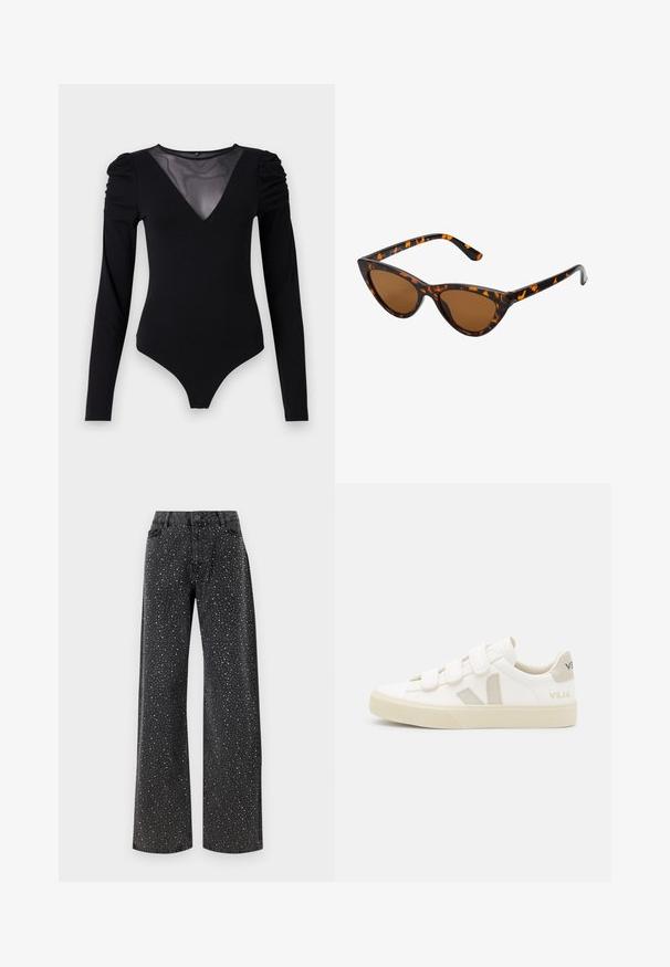 Musternahkade pikkade varrukatega must bodi, millel on läbipaistev V-kujuline kaelus ja korraldatud õlavarre detail. Sile kangas, millel on vormiv kujundus.; Noisy May NMJANNEL LOOSE - Avar lõikega teksad - black denim; Valged tenniset, millel on takjapaelad, beežid sametist aktsendid, tekstureeritud kummist tald ja hall V-logo. Minimalistlik disain, ümar kuju.; Kassi vormiga prillid musta ja oranži kilpkonnakujulise raami, pruunide läätsede ja elegantsete teravate otstega. Templi juures on minimaalne logo.; Hõbedased rõngastikkaehingad minimalistlikus disainis. Ümar kuju, sile tekstuur ja õhuke profiil. Kerged ning poleeritud viimistlusega.