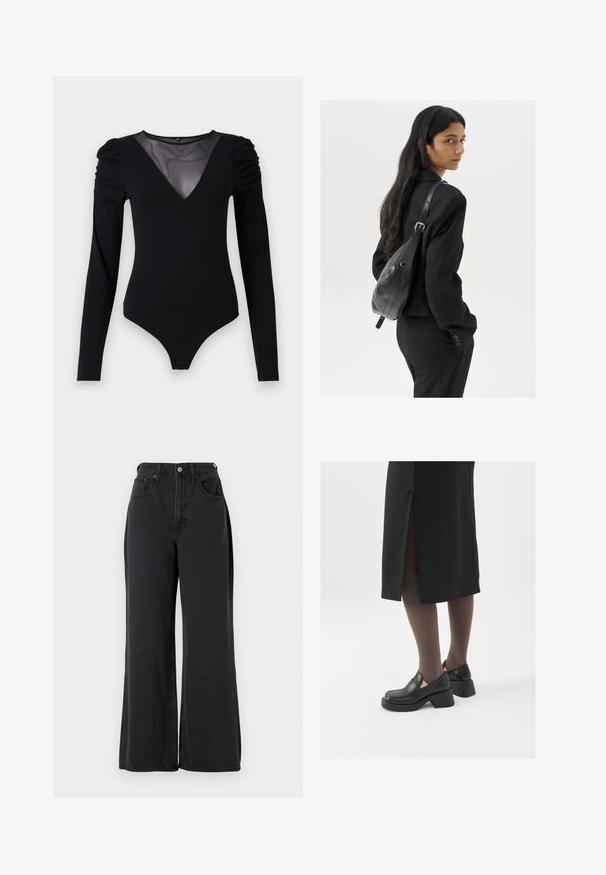 Musternahkade pikkade varrukatega must bodi, millel on läbipaistev V-kujuline kaelus ja korraldatud õlavarre detail. Sile kangas, millel on vormiv kujundus.; Mustad laiad teksad, mis on valmistatud denimist, kõrge vöökohaga, viie taskuga disainiga ja metallist nööbiga kinnitusega, millel on kerge tekstuur.; Mustad mustad jalatsid ümmarguse varbaga, paksu plokkniidi ja elastsete külgdetailidega, kombineeritud tumedate sukkade ja musta lõhikuga seelikuga.; Pikkade tumehaired naine mustas ülikonnas, kandes musta nahast õlakotti, vaatab üle õla valge tausta taustal.; Hõbedased rõngastikkaehingad minimalistlikus disainis. Ümar kuju, sile tekstuur ja õhuke profiil. Kerged ning poleeritud viimistlusega.