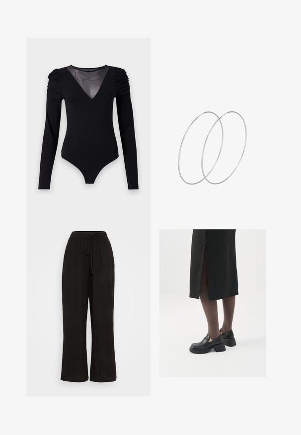 Zwarte bodysuit met lange mouwen, voorzien van een mesh V-halslijn en geplooide schouderdetails. Glad fabric met een aansluitende pasvorm.; Zwarte wijde broek van lichtgewicht stof, met een elastische tailleband en een trekkoord. Soepele textuur en een ontwerp met volledige lengte.; Zwarte leren schoenen met een ronde neus, dikke blokhak en elastische zijkanten, gecombineerd met donkere panty's en een zwarte rok met een split.; Zilveren hoepel oorbellen met een minimalistisch ontwerp. Cirkelvormig, gladde textuur en dun profiel. Lichtgewicht met een gepolijste afwerking.
