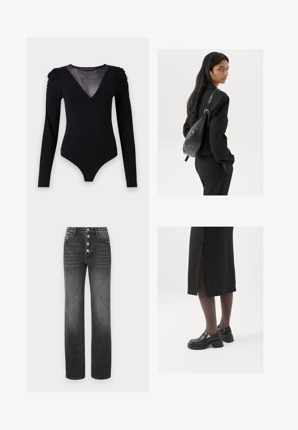 Body nero con maniche lunghe, caratterizzato da un scollo a V in rete e dettagli arricciati sulle spalle. Tessuto morbido con una forma aderente.; Jeans neri a vita alta con gamba dritta, design a cinque tasche e cinque bottoni metallici sulla patta. Tessuto denim leggermente sbiadito.; Scarpe in pelle nera con punta arrotondata, tacco spesso a blocco e accenti laterali in elastico, abbinate a collant scuri e una gonna nera con uno spacco.; Donna con lunghi capelli scuri, vestita con un completo nero, che porta una borsa a tracolla in pelle nera, mentre guarda oltre la spalla su uno sfondo bianco.; Orecchini a cerchio in argento con un design minimalista. Forma circolare, superficie liscia e profilo sottile. Leggeri con una finitura lucida.