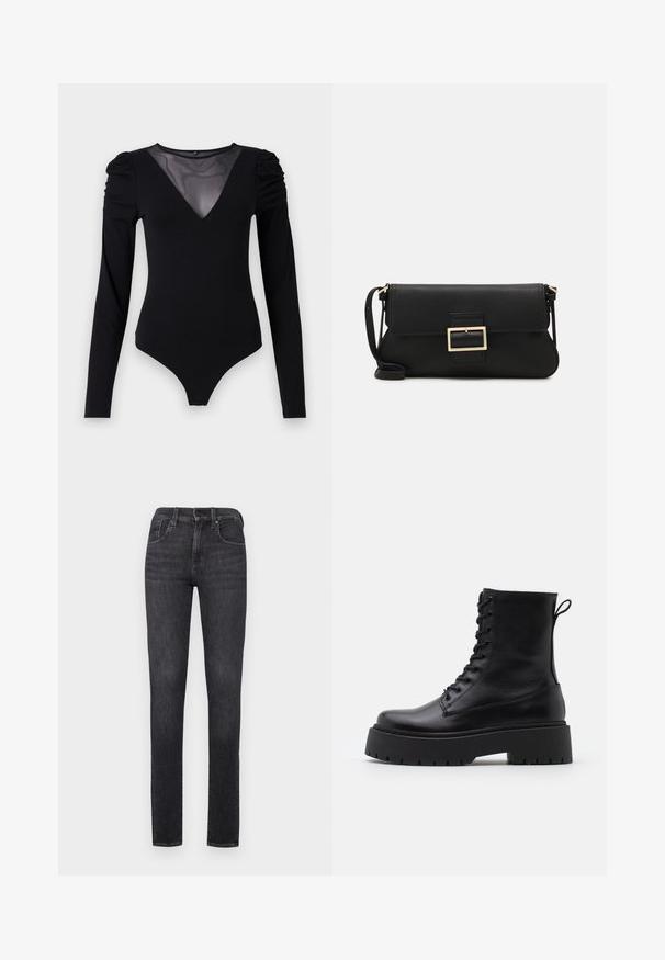 Crni bodysuit dugih rukava s mrežastim V-izrezom i naborima na ramenima. Glatka tkanina s prilagođenim oblikom.; Crne traperice od denima slim kroja, visokog struka, s kopčanjem na dugme i tradicionalnim dizajnom s pet džepova. Glatka tekstura, minimalno izbljeđenje.; Crne kožne gležnjače s okruglim vrhom, vezanjem sprijeda i debelim gumenim potplatom s teksturiranim uzorkom. Tipa: traka za vuču na stražnjoj strani.; Crna kožna clutch torbica s preklopom i zlatnim metalnim detaljem kopče. Uključuje crnu trakicu i elegantan, minimalistički dizajn.; Srebrne okrugle naušnice s minimalističkim dizajnom. Kružni oblik, glatka tekstura i tanak profil. Lagane s poliranim završetkom.