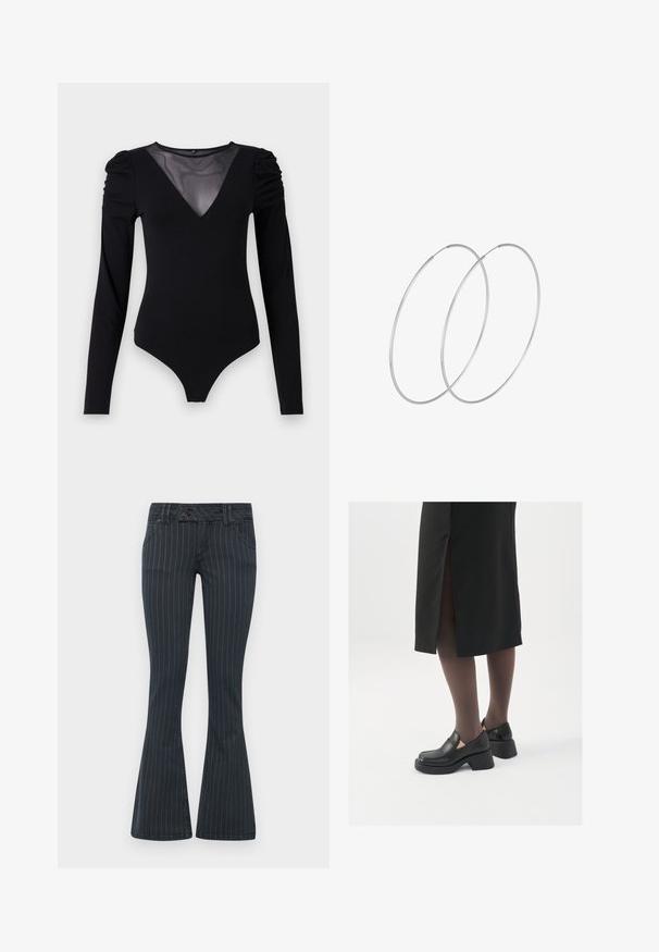 Černý body s dlouhými rukávy, vyznačující se síťovým výstřihem do V a nařasenými detaily na ramenech. Hladký materiál s přiléhavým střihem.; BDG Urban Outfitters BROOKE BOOTFLARE - Džíny Bootcut - black; Černé kožené boty s kulatou špičkou, silným blokovým podpatkem a elastickými bočními akcenty, spárované s tmavými punčochami a černou sukní se rozparkem.; Stříbrné kruhové náušnice s minimalistickým designem. Kruh, hladký povrch a tenký profil. Lehká konstrukce s lesklým povrchem.
