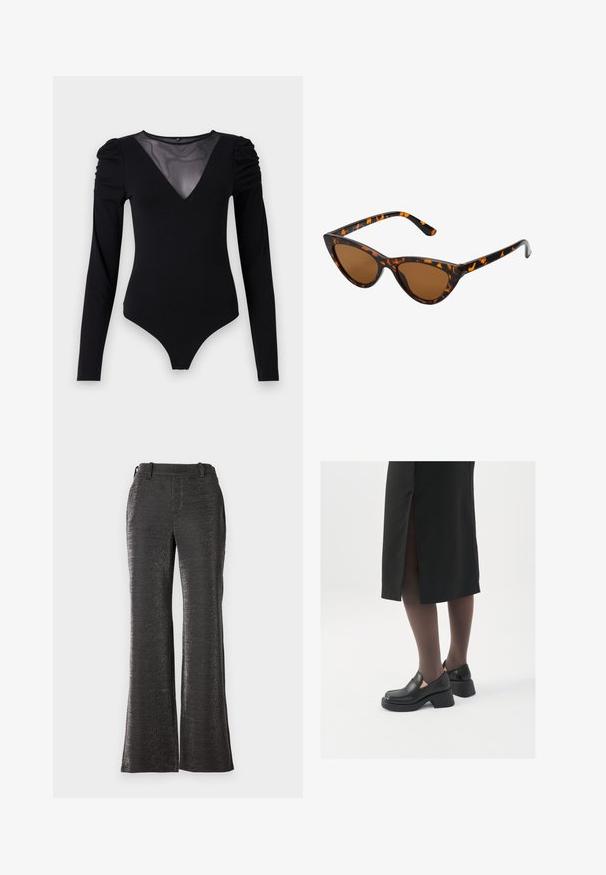 Crni bodysuit dugih rukava s mrežastim V-izrezom i naborima na ramenima. Glatka tkanina s prilagođenim oblikom.; Crne, širene hlače od teksturirane, sjajne tkanine. Imaju pojas, prednje džepove i ravni kroj do rubova.; Crne kožne cipele s zaobljenim vrhom, debelim blok petama i elastičnim bočnim detaljima, uparene s tamnim čarapama i crnom suknjom s prorezom.; Sunglasses u obliku mačjih očiju s okvirom u crno-narančastom kornjačevom uzorku, smešnim lećama i elegatnim, šiljastim vrhovima. Sadrži minimalni logo na dršci.