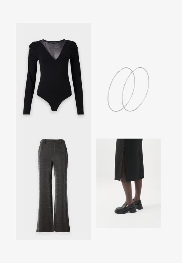 Musternahkade pikkade varrukatega must bodi, millel on läbipaistev V-kujuline kaelus ja korraldatud õlavarre detail. Sile kangas, millel on vormiv kujundus.; Mustad, laiad püksid, mis on valmistatud tekstureeritud, läikivast kangast. Omab vöökohta, esitaskuid ja sirget lõiget allapoole hempteni.; Mustad mustad jalatsid ümmarguse varbaga, paksu plokkniidi ja elastsete külgdetailidega, kombineeritud tumedate sukkade ja musta lõhikuga seelikuga.; Hõbedased rõngastikkaehingad minimalistlikus disainis. Ümar kuju, sile tekstuur ja õhuke profiil. Kerged ning poleeritud viimistlusega.