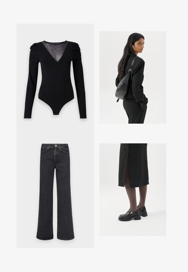 Črno bodi s dolgimi rokavi, z mrežastim V-izrezom in nabranimi rameni. Gladek material z oblikovanim krojem.; Črne široke kavbojke iz denima, z visokim pasom, sprednjimi žepi in diskretnimi okraski iz majhnih kristalčkov na eni strani.; Črne usnjene čevlje s zaobljenim prstom, debelim blokastim petama in elastičnimi stranskimi detajli, v kombinaciji s temno nogavicami in črno krilo z razporkom.; Ženska z dolgimi temnimi lasmi, oblečena v črn kostim, nosi črno usnjeno torbo čez ramo in se ozira čez ramo proti beli podlagi.; Srebrne uhane v obliki obroča z minimalističnim dizajnom. Krožna oblika, gladka tekstura in tanek profil. Lahki s poliranim zaključkom.