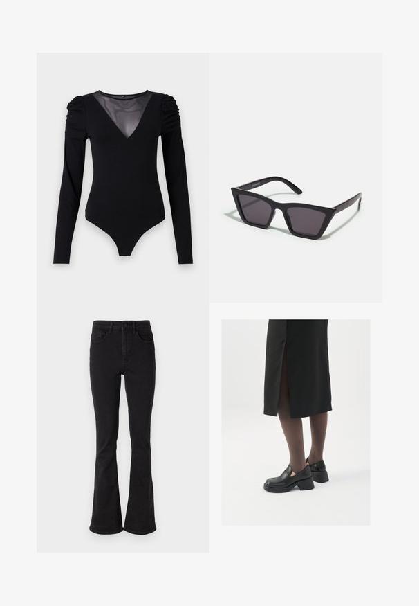 Melnā bodija ar garām piedurknēm, piedāvā ar caurspīdīgu V-veida kakla izgriezumu un savāktu plecu detaļu. Gluda auduma, ar pieguļošu formu.; Melnas denim flared džinsus ar augstu jostasvietu, ar piecām kabatām un izturīgu pogu aizdari. Gluda tekstūra ar nelielu elastīgumu.; Melni ādas apavi ar noapaļotu purngalu, biezām bloku papēžiem un elastīgiem sānu akcentiem, apvienoti ar tumšām zeķubiksēm un melnu svārku ar šķirbu.; Melni, stūrveida saulesbrilles ar pelēkiem objektīviem; izgatavotas no plastmasas, ar biezām kājām, kam ir gluda virsma un nav redzamu stiprinājumu.; Sudraba gredzenveida auskari ar minimālistisku dizainu. Cirkulāra forma, gluda tekstūra un plāns profils. Vieglu svaru ar spīdīgu apdari.