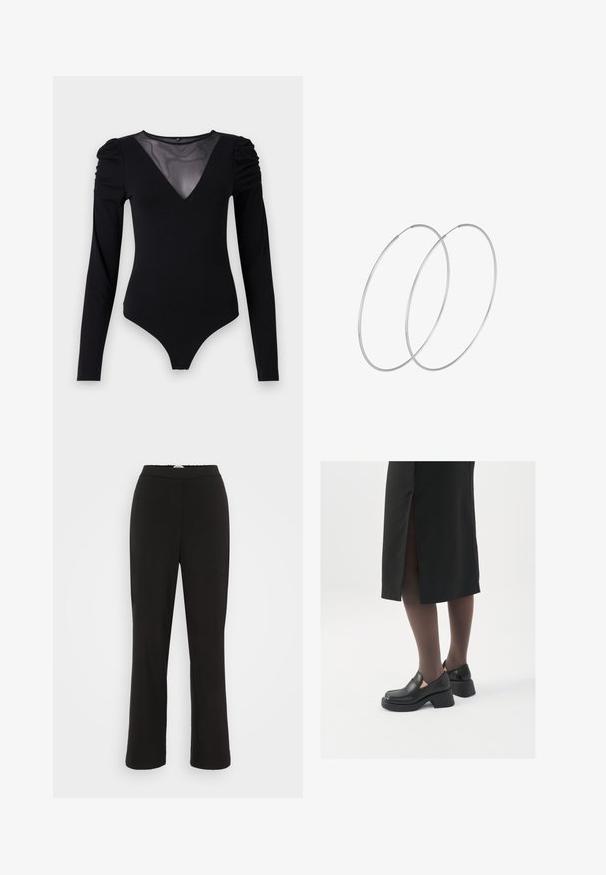 Juodas bodis su ilgomis rankovėmis, turintis tinklinį V formos iškirpimą ir sutrauktą peties detalę. Lygus audinys su prigludusia forma.; Juodos, lygios medžiagos kelnės su tiesiu sijonu ir elastinga juosmens juosta. Yra subtili siūlė kiekvienos kojos priekyje.; Juodos odinės bateliai su apvaliu nosiu, stora blokine pakulne ir elastingais šonais, derinami su tamsiomis pėdkelnėmis ir juoda sijonu su plyšiu.; Sidabrinės pusmėnulio auskarai minimalistiniu dizainu. Apskritimo forma, lygus paviršius ir plonas profilis. Lengvi su poliruotu apdailu.