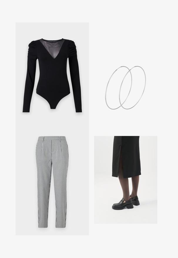 Bodysuit noir à manches longues, avec un décolleté en V en maille et des détails froncés aux épaules. Tissu lisse avec une silhouette ajustée.; Pantalon rayé en gris et blanc, présentant une silhouette cintrée, des plis et une finition en tissu lisse. Pas de poches visibles ni d'ornements.; Chaussures noires en cuir avec un bout arrondi, un épais talon bloc et des accents latéraux élastiques, associées à des bas foncés et une jupe noire avec une fente.; Boucles d'oreilles en argent au design minimaliste. Forme circulaire, texture lisse et profil fin. Légères avec une finition polie.
