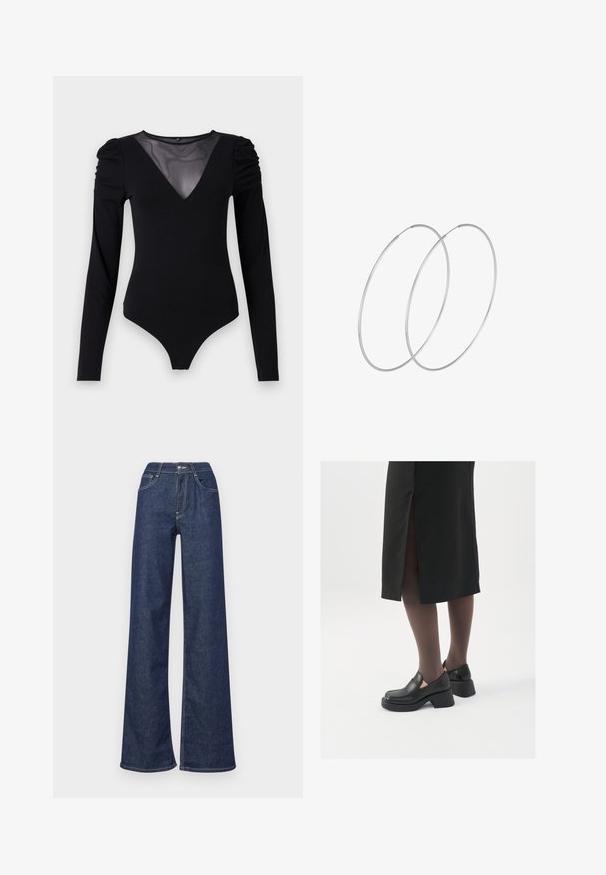 Musternahkade pikkade varrukatega must bodi, millel on läbipaistev V-kujuline kaelus ja korraldatud õlavarre detail. Sile kangas, millel on vormiv kujundus.; Tumedatest sinisest denimpükstest lõbusad jalad, millel on kõrge vöökoht, ees olevad taskud, nähtav õmblus ja puhas viimistlus ääred.; Mustad mustad jalatsid ümmarguse varbaga, paksu plokkniidi ja elastsete külgdetailidega, kombineeritud tumedate sukkade ja musta lõhikuga seelikuga.; Hõbedased rõngastikkaehingad minimalistlikus disainis. Ümar kuju, sile tekstuur ja õhuke profiil. Kerged ning poleeritud viimistlusega.